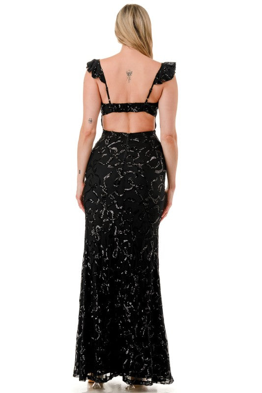 SEQUIN RIBBON RUFFLED MERMAID MAXI COCKTAIL DRESS