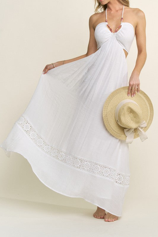 STONE BEAD HALTER STRAP CUTOUT MAXI DRESS