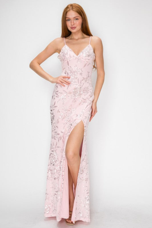 FLORAL SEQUIN MERMAID MAXI COCKTAIL DRESS