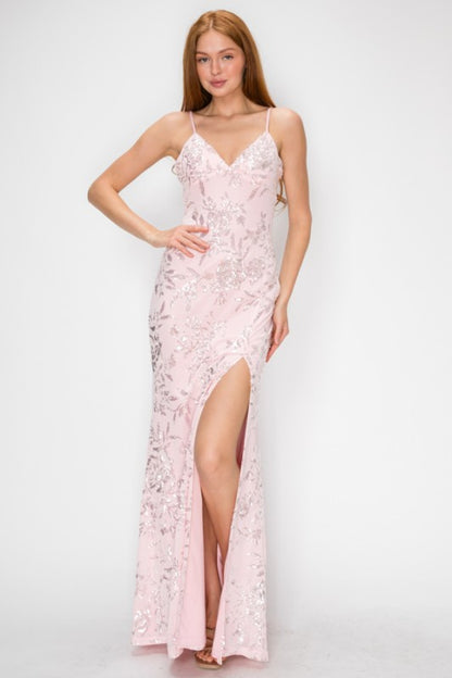 FLORAL SEQUIN MERMAID MAXI COCKTAIL DRESS