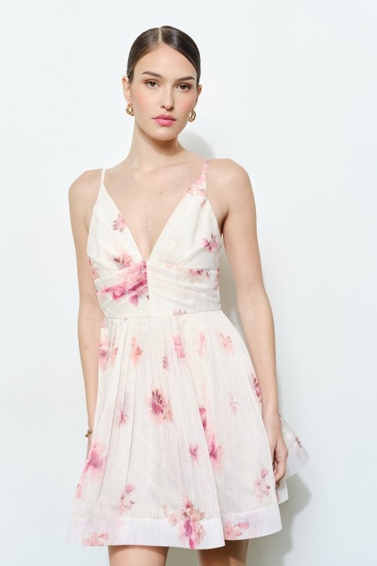 FLORAL ORGANZA V-NECK PRINTED MINI PARTY DRESS