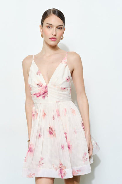FLORAL ORGANZA V-NECK PRINTED MINI PARTY DRESS