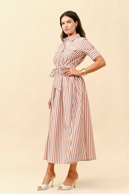 SHORT SLEEVES STRIPE BUTTON FRONT MIDI DRESS