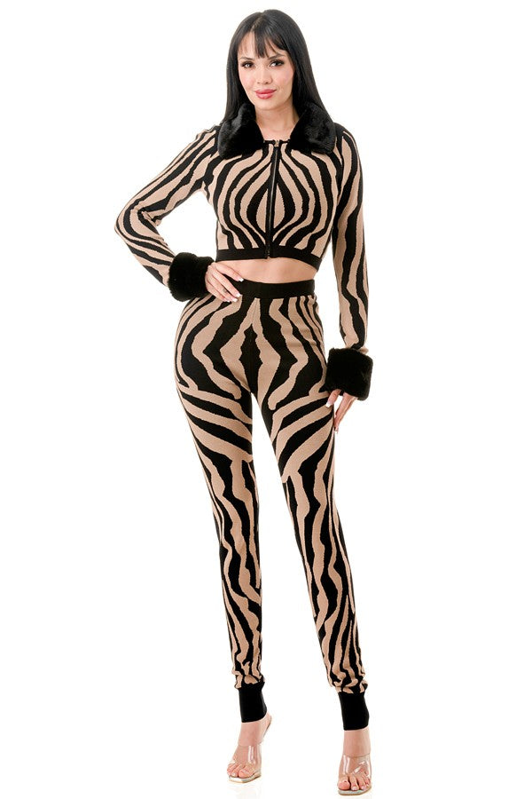 Zebra Print Top and Pants 2 Piece Knit Set