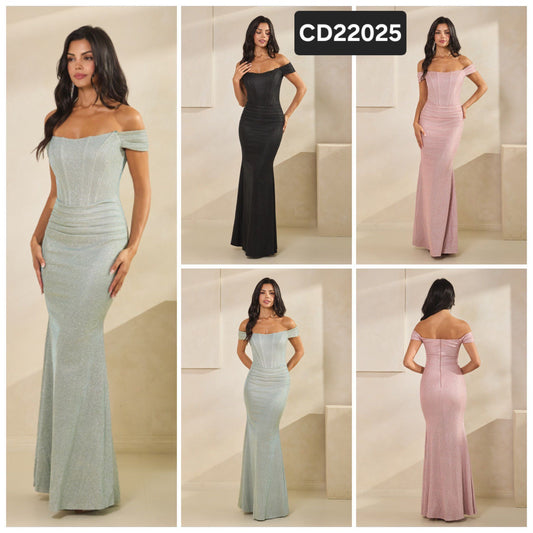 OFF SHOULDER CORSET PLEATEO GALAXY GUITTER MAXI PARTY DRESS