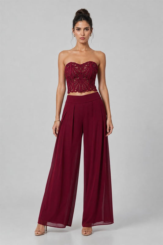 CROCHET CROP TOP WITH CHIFFON WIDE LEG PANTS SET