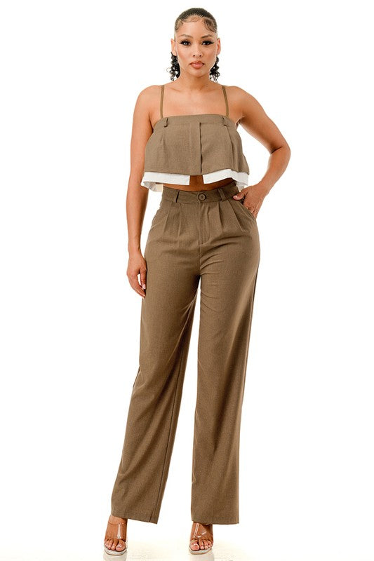RUFFLE CROP TOP AND WIDE LEG PANTS SET