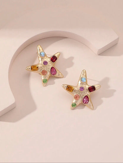 GOLD & MULTI COLOR RHINESTONE STARFISH EARRINGS