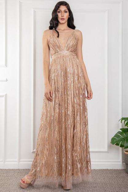 SEQUINED MESH CORSET MAXI DRESS