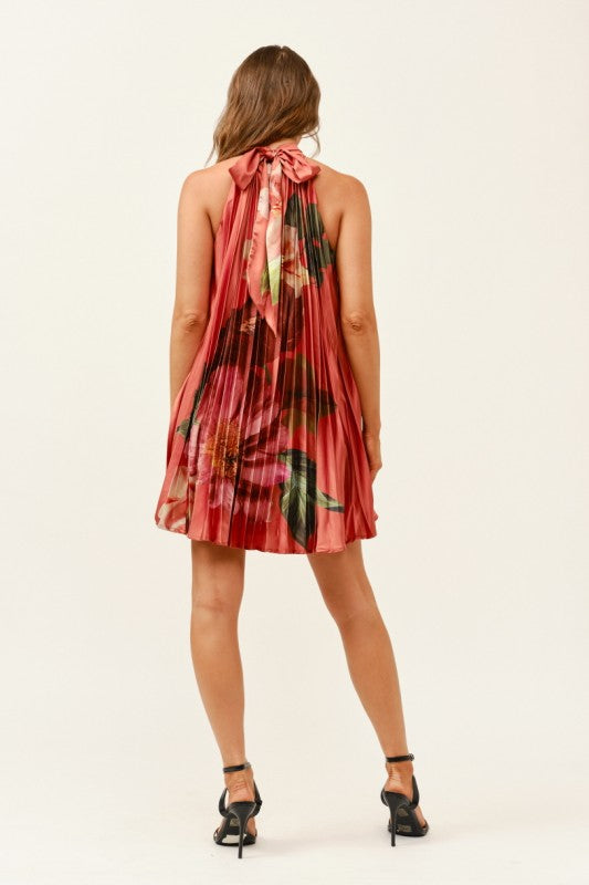 PLEATED HALTER FLORAL MINI DRESS