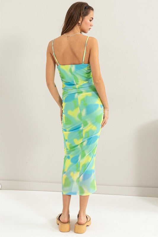 MESH TIE-DYE RUCHED DRESS