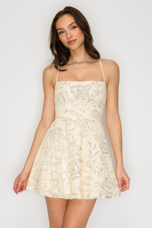 SEQUIN FIT AND FLARE MINI COCKTAIL DRESS