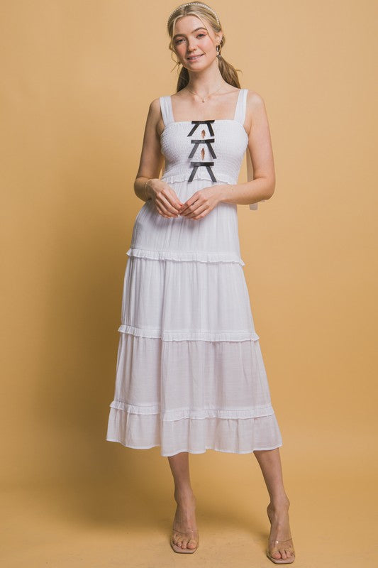 BOW STRAP TIERED MIDI DRESS