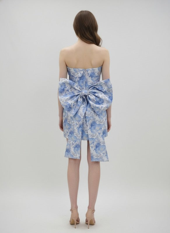 BACK BOW DETAIL PRINTED JACQUARD TUBE BODYCON MINI PARTY DRESS
