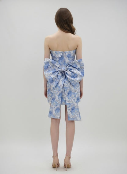 BACK BOW DETAIL PRINTED JACQUARD TUBE BODYCON MINI PARTY DRESS