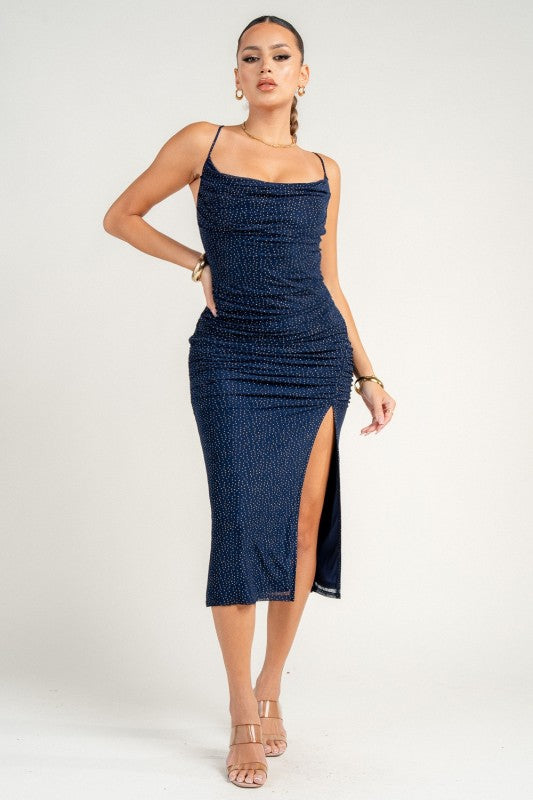COWL NECK X BACK TIE FRONT SLIT RUCHING MIDI DRESS