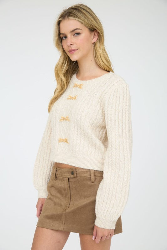 CABLE KNIT FRONT VELVET BOW DETAIL KNIT SWEATER