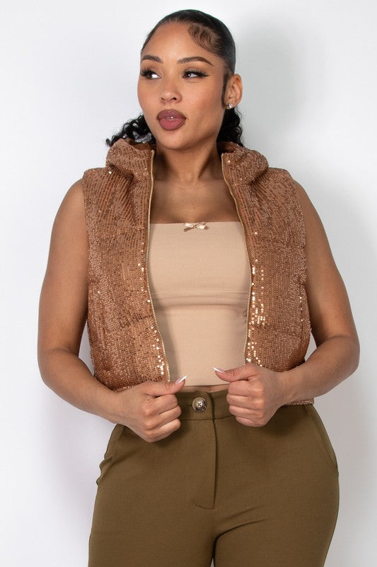 Sequin Hoodie Puffer Crop Vest