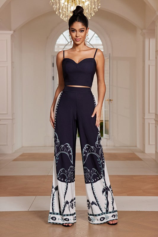 PRINTED MATCHING CROP TOP PANTS SET