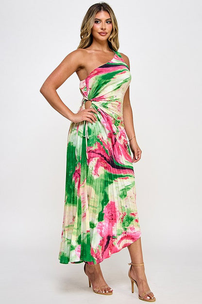 PRINTED ONE SHOULDER PLEATED ASYMMETRICAL DRESS