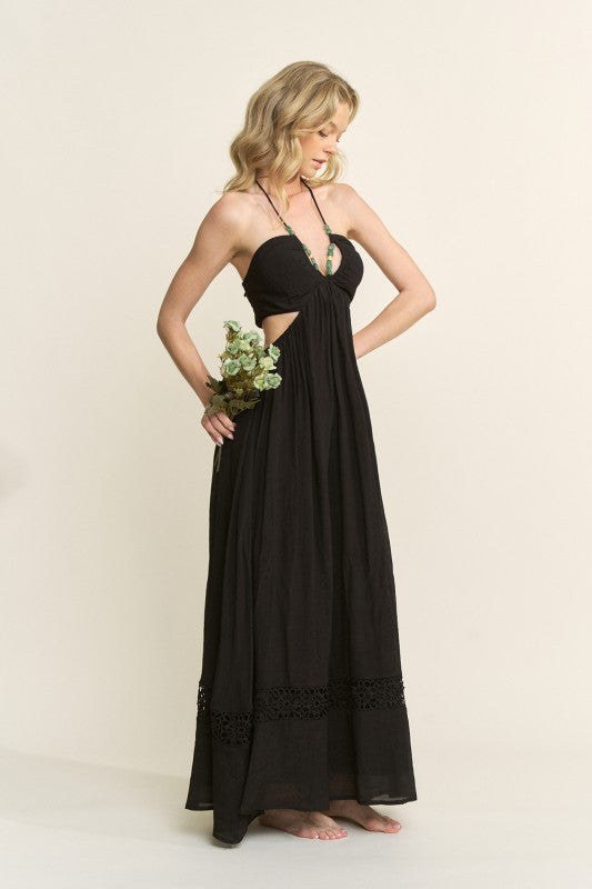 STONE BEAD HALTER STRAP CUTOUT MAXI DRESS