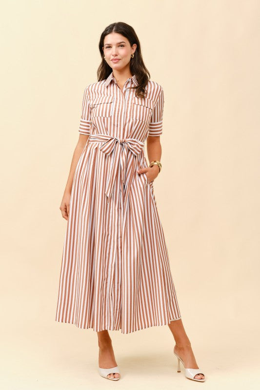 SHORT SLEEVES STRIPE BUTTON FRONT MIDI DRESS