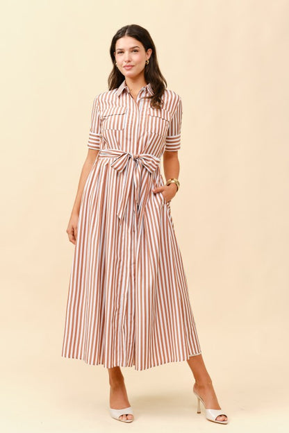 SHORT SLEEVES STRIPE BUTTON FRONT MIDI DRESS