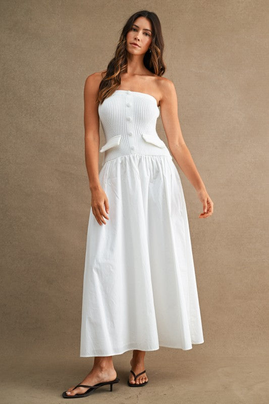 STRAPLESS RIBBED KNIT BODICE POPLIN MIX MAXI DRESS