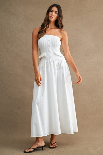 STRAPLESS RIBBED KNIT BODICE POPLIN MIX MAXI DRESS