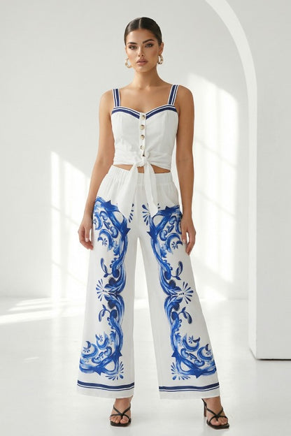 SLEEVELESS BUTTON DOWN TIE FRONT WAISTED TOP PANTS SET