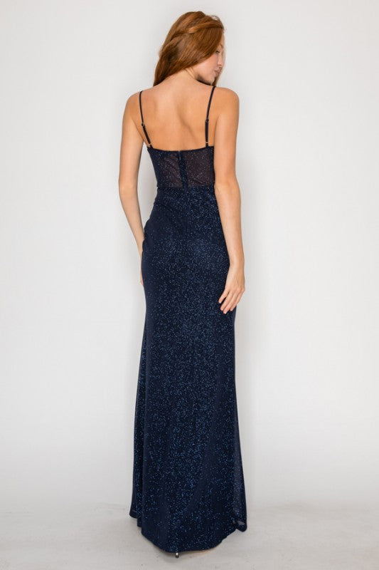 SOLID GLITTER MESH CORSET MAXI PARTY DRESS