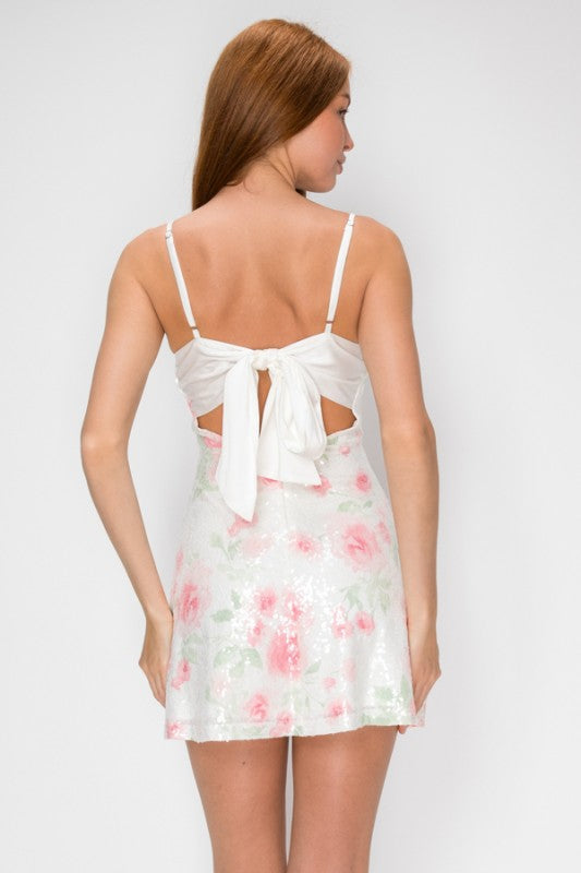 FLORAL SEQUIN SATIN BOW MINI PARTY DRESS