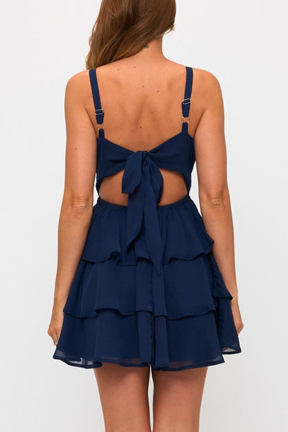 CHIFFON BLACK TIE TRIPLE LAYER MINI DRESS