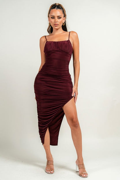 LUXE SHIRRING RUCHED SIDE SLITTED MIDI MESH DRESS