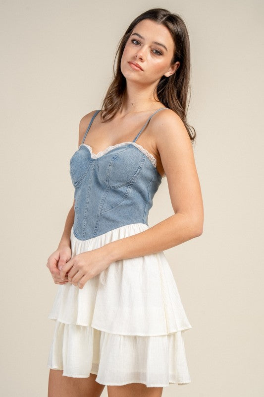 DENIM BUSTIER DRESS WITH CONTRAST TIERED SKIRT