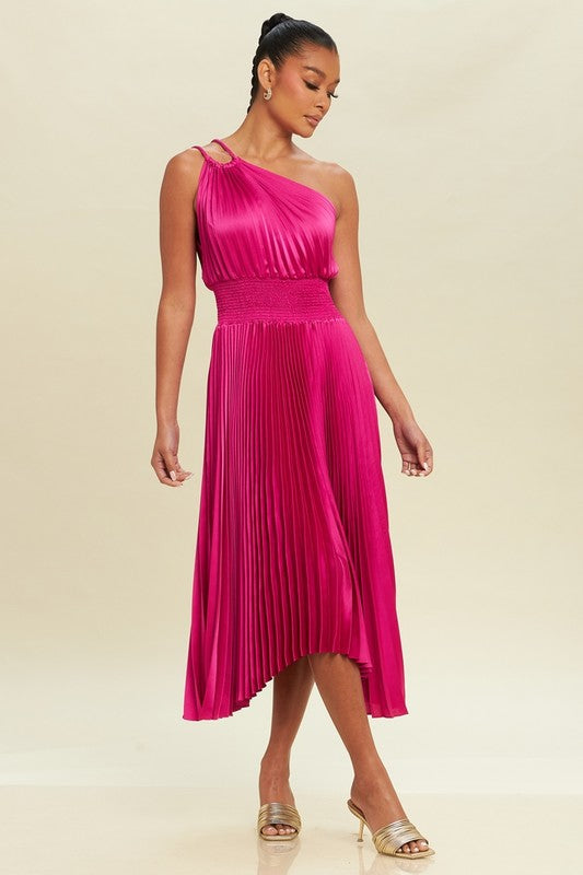 OFF SHOULDER PLEATED MIDI DRESS