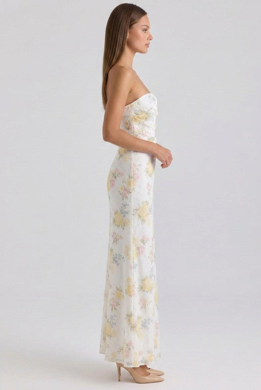PRINTED JACQUARD PLEATED BODICE DETAIL MERMAID MAXI DRESS