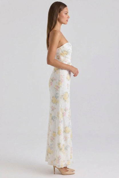 PRINTED JACQUARD PLEATED BODICE DETAIL MERMAID MAXI DRESS