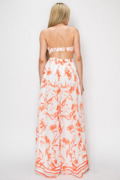 STRAPLESS FLORAL PRINTED WIDE LEG JUMPSUIT