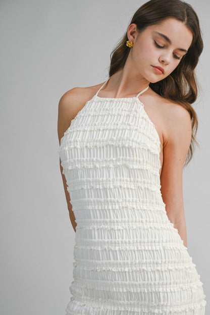 SMOCKED TIERED HALTER BODICE MIDI DRESS