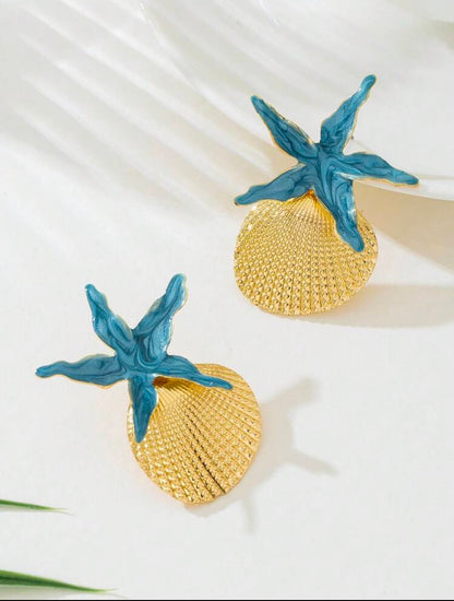 BLUE DROPLET STARFISH & SHELL SUMMER EARRINGS
