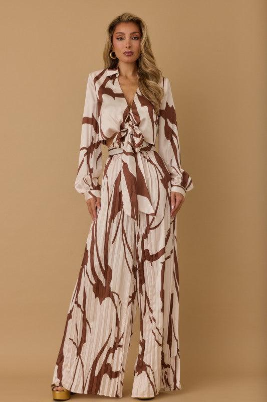 PLEATED PRINTED LONG SLEEVES TOP PANTS SET