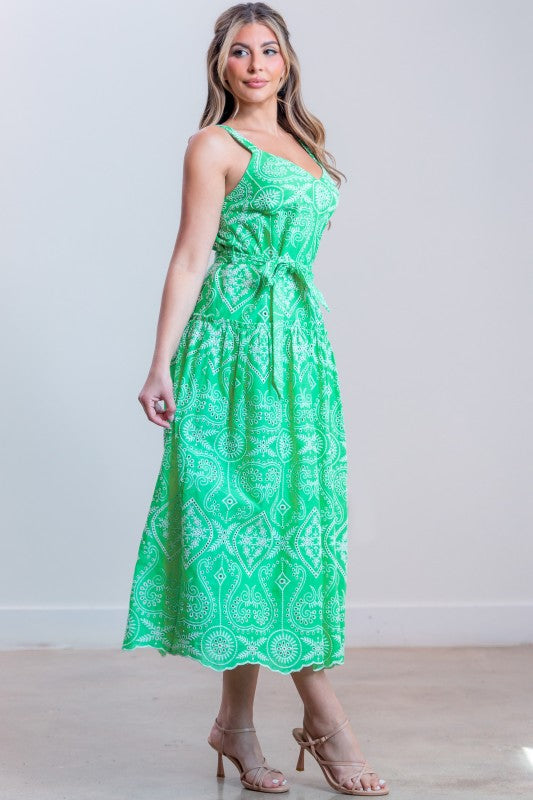 BELTED EMBROIDERED MIDI DRESS