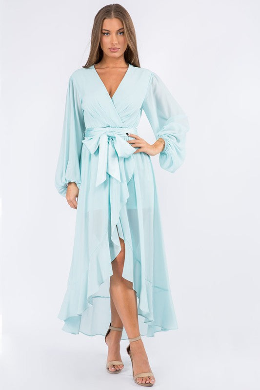CHIFFON WRAP FRONT LONG SLEEVE HI LO DRESS