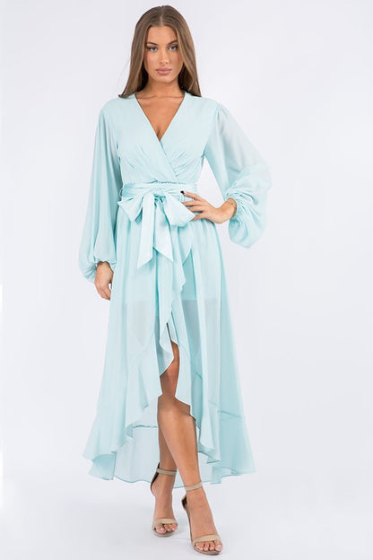 CHIFFON WRAP FRONT LONG SLEEVE HI LO DRESS