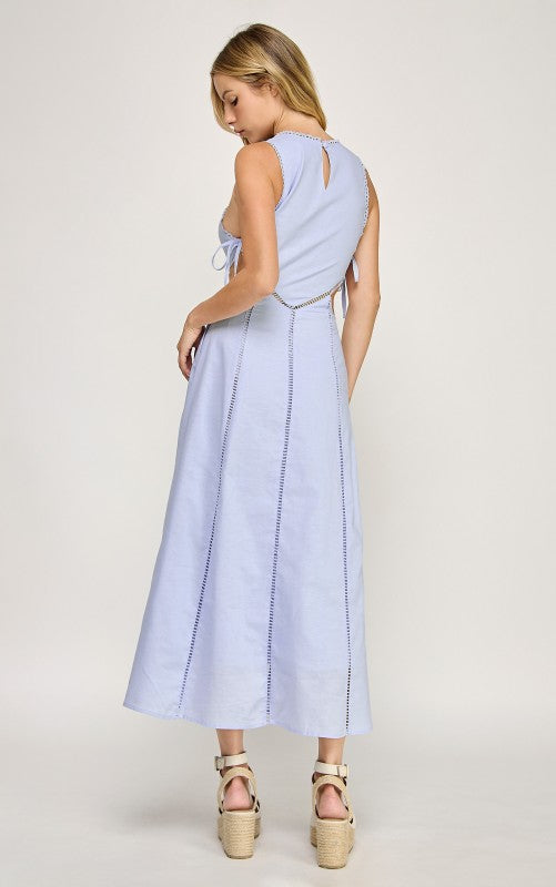 SIDE CUTOUT TIE FINISH LACE TRIM MAXI DRESS