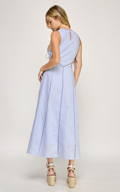 SIDE CUTOUT TIE FINISH LACE TRIM MAXI DRESS