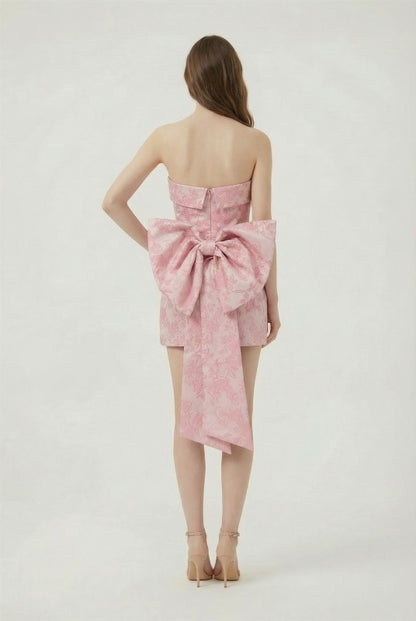 BACK BOW DETAIL JACQUARD TUBE BODYCON MINI PARTY DRESS