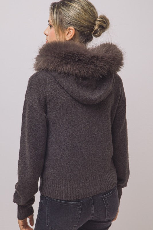 REMOVABLE FAUX FUR TRIM HOODED CARDIGAN
