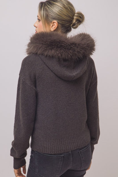 REMOVABLE FAUX FUR TRIM HOODED CARDIGAN